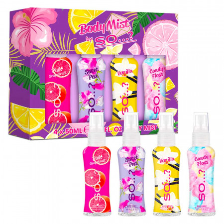 Coffret 4 Mini Brumes 50ml - Vanille, Barbe à Papa, Fleurs Roses, Pamplemousse 